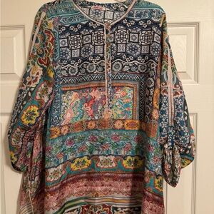 Johnny Was Green Boxy Tunic with Mandarin Collar